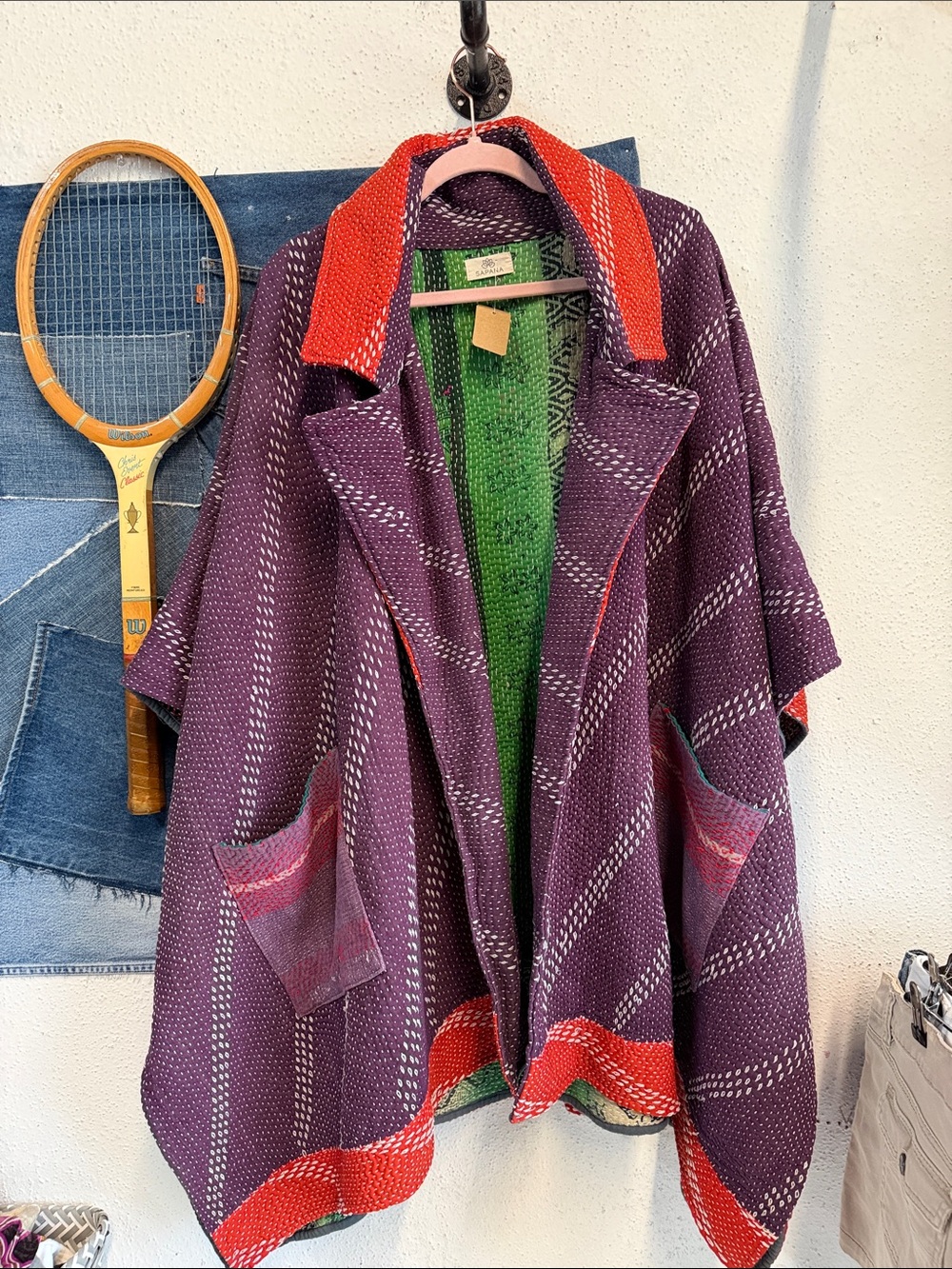 Purple and Red Knit kantha blanket coat with Green Lining